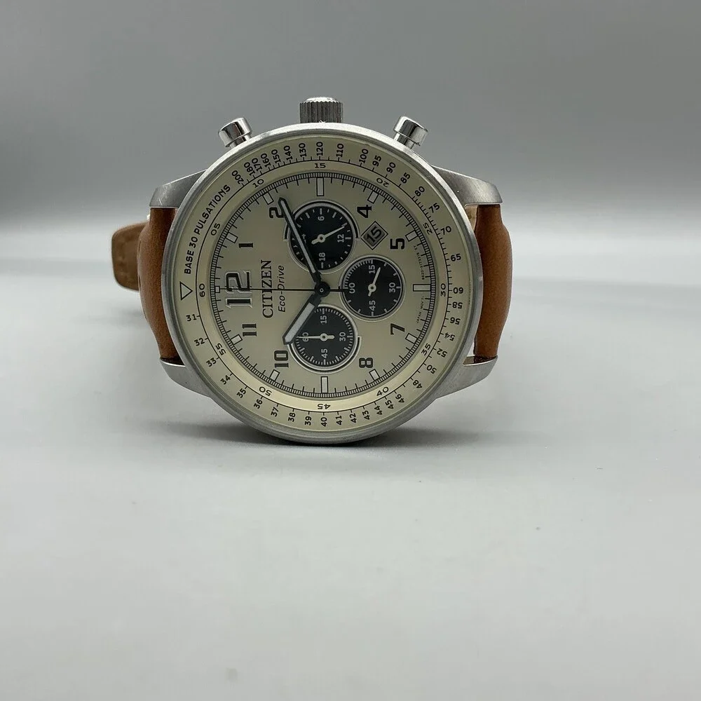 Citizen Eco-Drive Weekender Men Watch 44mm Silver Tone Brown Leather Chronograph